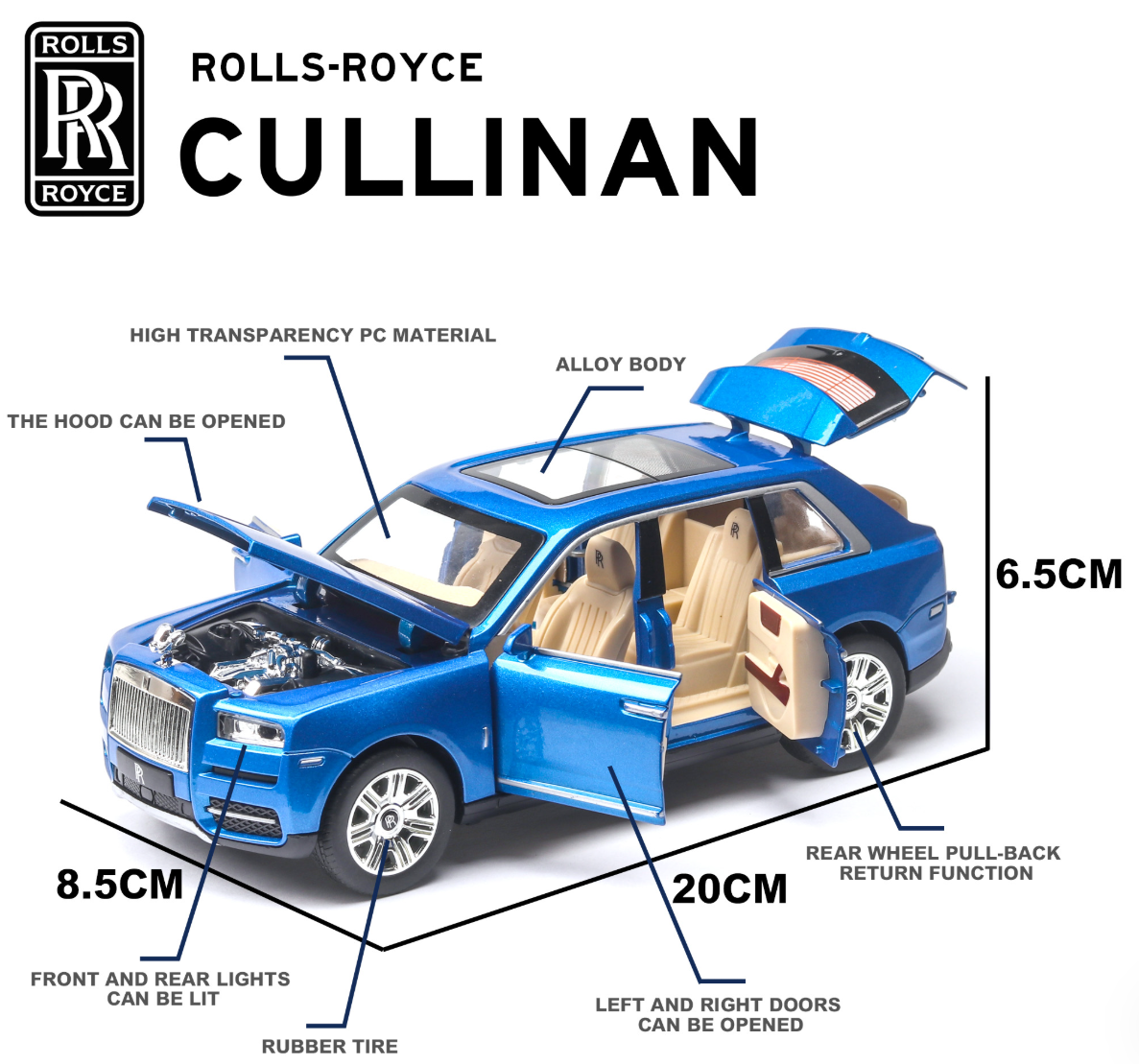 Rolls Royce Cullinan Alloy Model - 1:24 Scale - Sound and Light Features